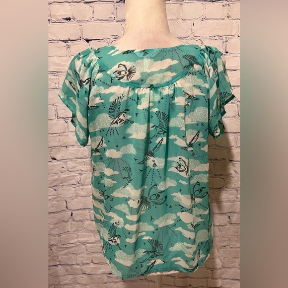 Kirra Sheer shirt Light blue with bird design And Buttons up front. Small - Picture 3 of 5